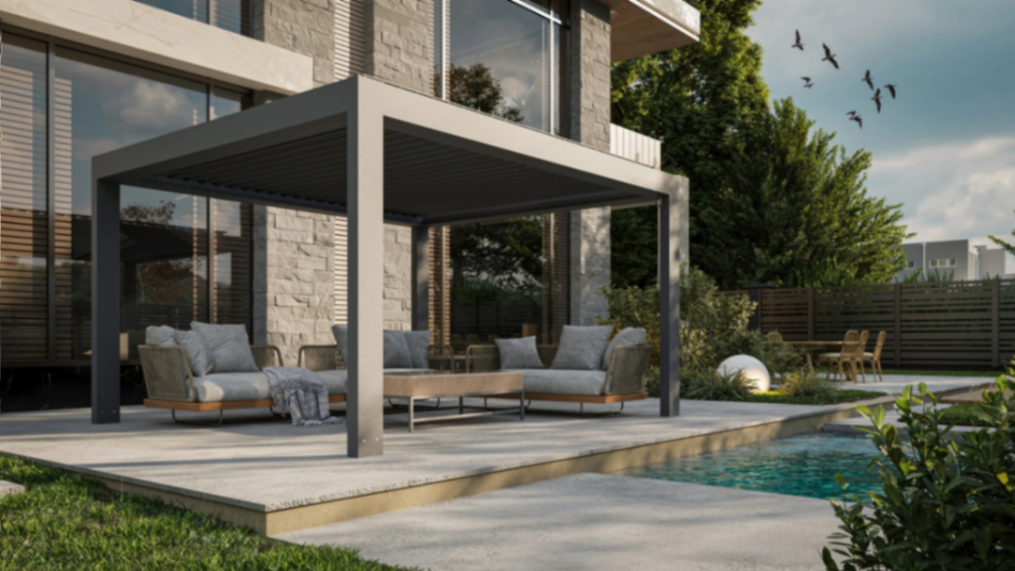 Aluminium pergola met lamellendak tegen moderne woning