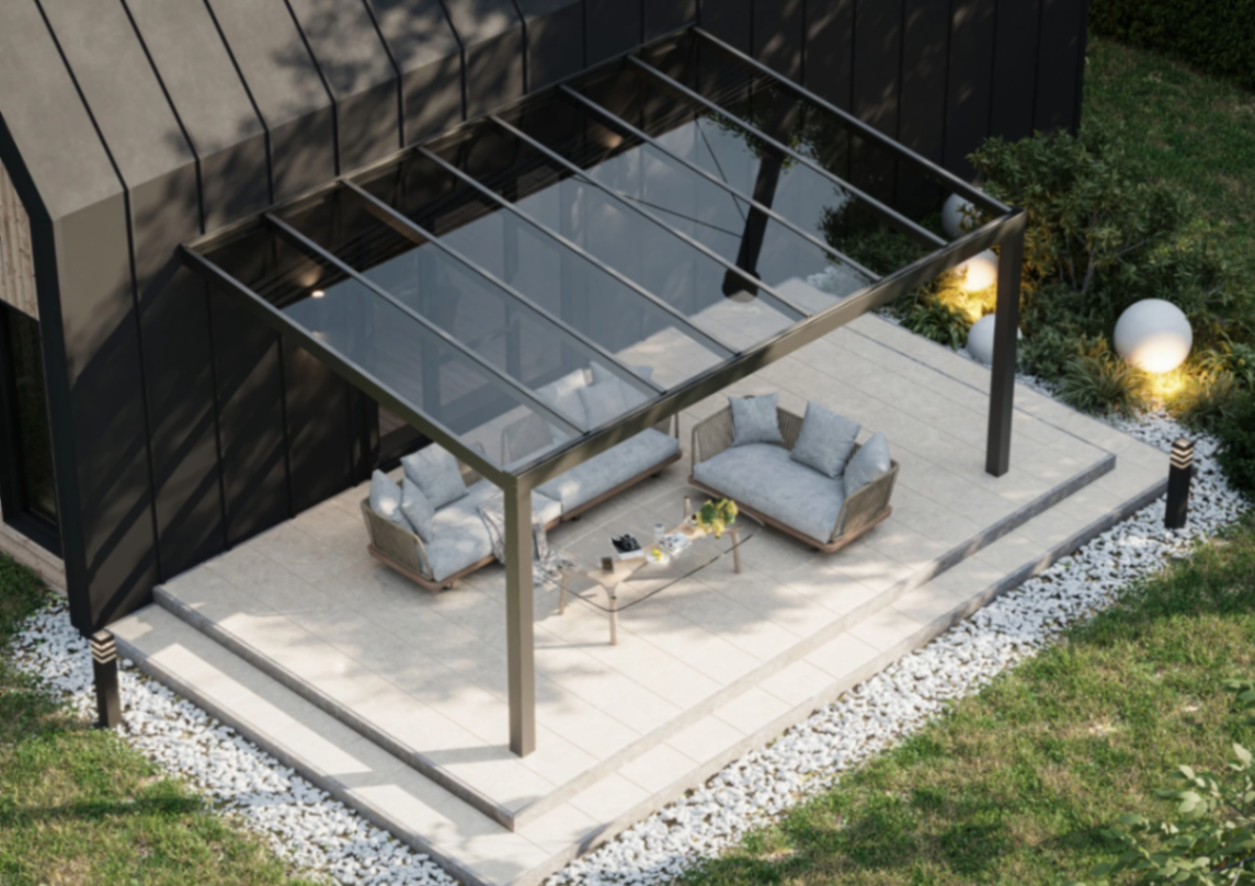 Aluminium terrasoverkapping met glazen dak bovenaanzicht