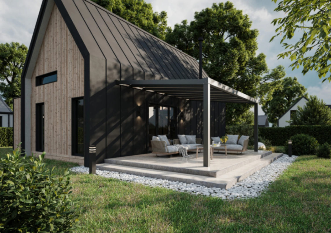 Moderne aluminium veranda aan zwarte woning met zithoek