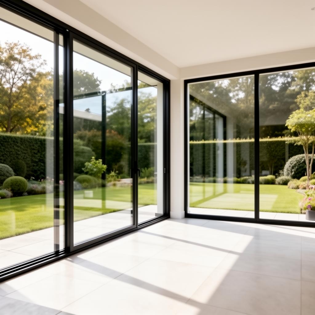 Veranda interieur met slanke aluminium kozijnen en grote vaste glaselementen